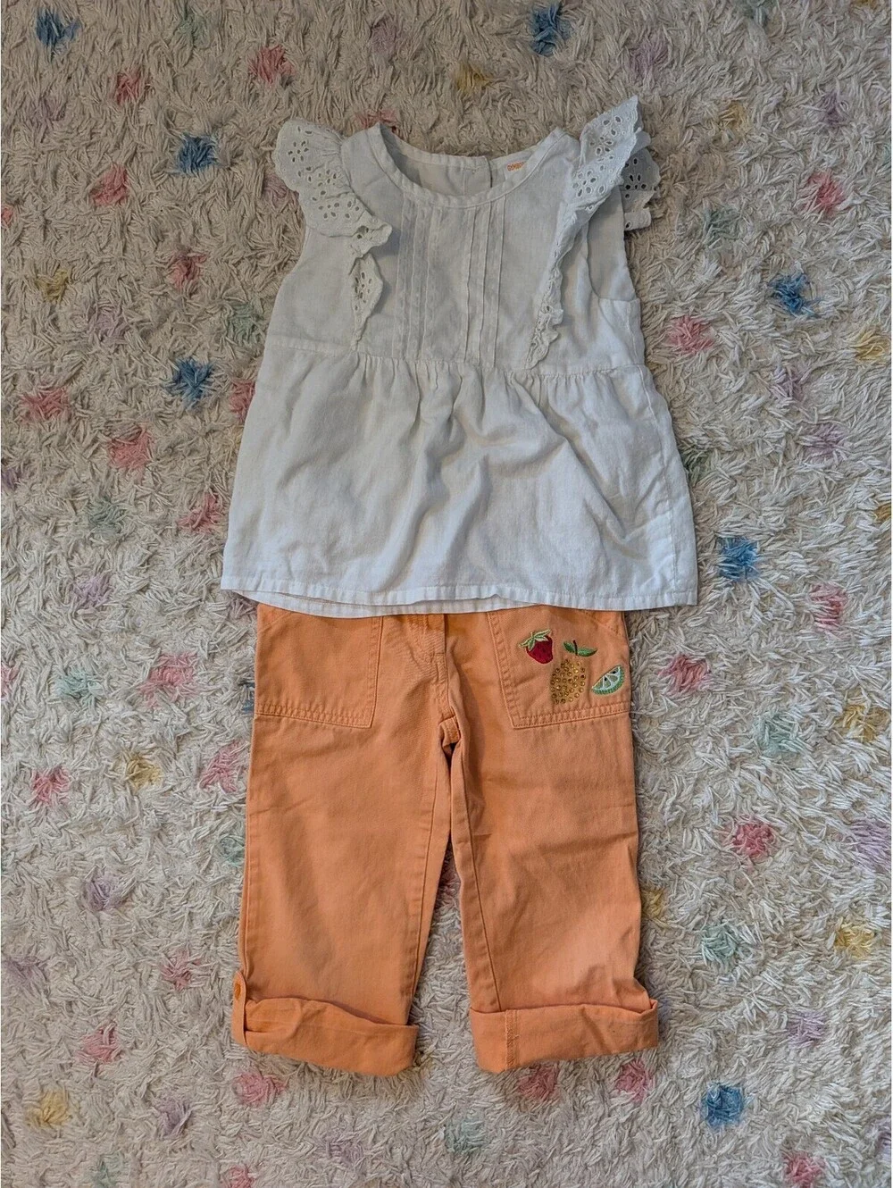 Gymboree Girls' 6 White Eyelet Linen Flutter Sleeve Top & Peach Fruit Pants Set